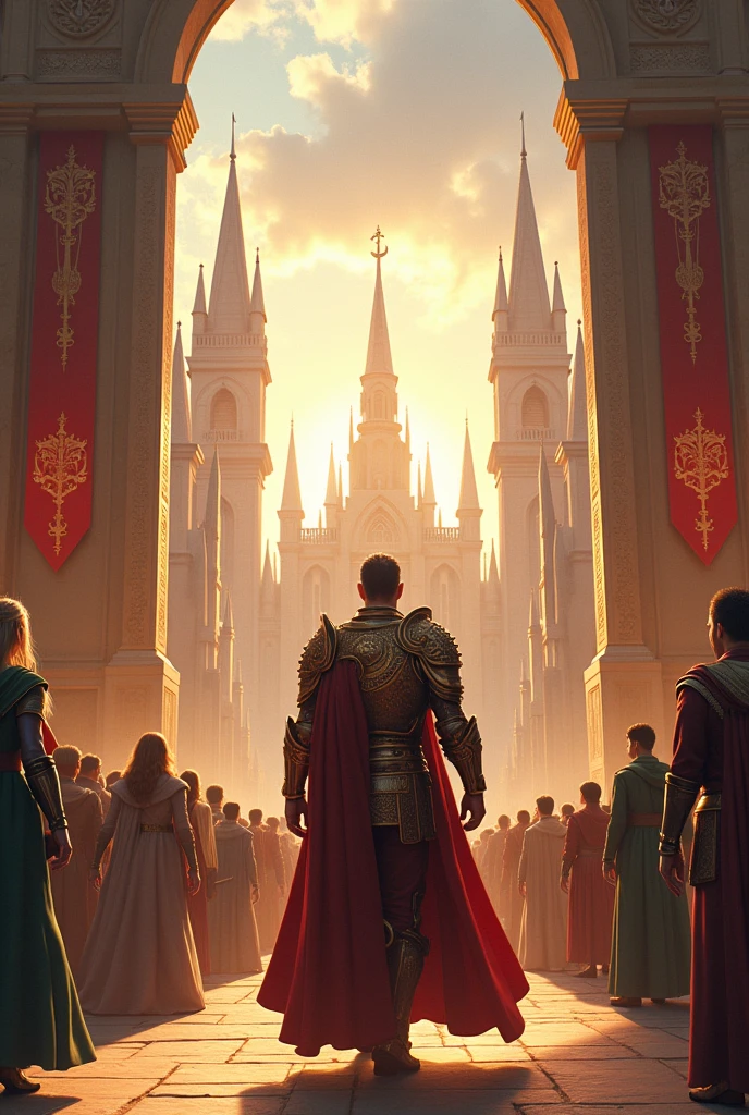 Can you make me a hero arriving at the kingdom and being greeted by many people and especially the king and queen and the princess inside the kingdom at the entrance but from the perspective of behind?