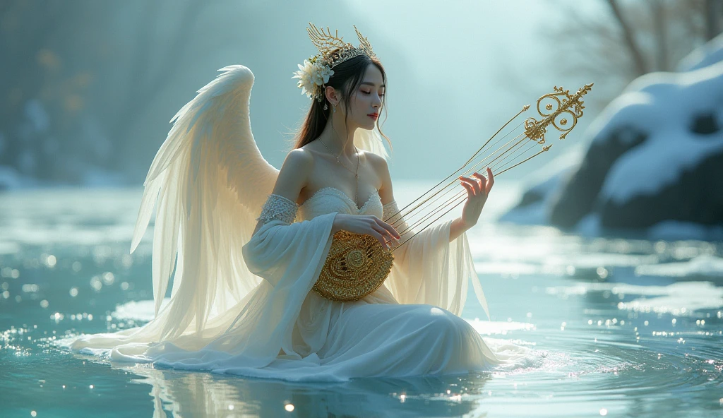 A goddess named Kinnara, half woman and half bird, floating out of the waters of an almost frozen river playing his golden celestial stringed instrument. Emphasizing its bird characteristics, with discreet wings and a crown of swan wings. She has her legs showing through her dress. The scene is almost frozen, and she is in the foreground. In a very dramatic oriental aesthetic.