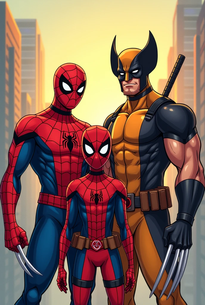 Make a cute picture of spiderman with deadpoll and wolverine