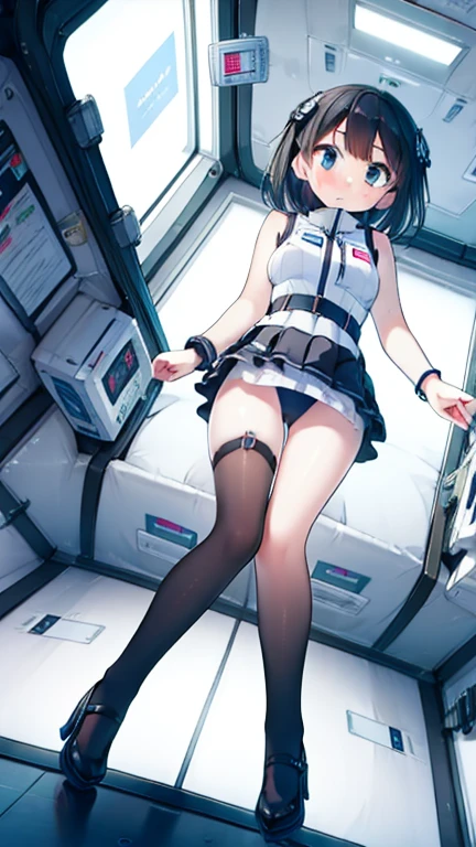 (Highest quality), (masterpiece), 1080P, High resolution, 4K, 8k, Inside the space station、Futuristic room、Thigh straps, Shooting from directly below, The woman on top of me, 白いSweat, Covered , Sweat, Woman looking down, Skirt swimsuit, Thigh-high socks, To achieve this, , , whole body, Black leather shoes, Braided hair, Inner Color, Embarrassed face, Short black hair, bracelet, Bedroom,celestial body_Vest