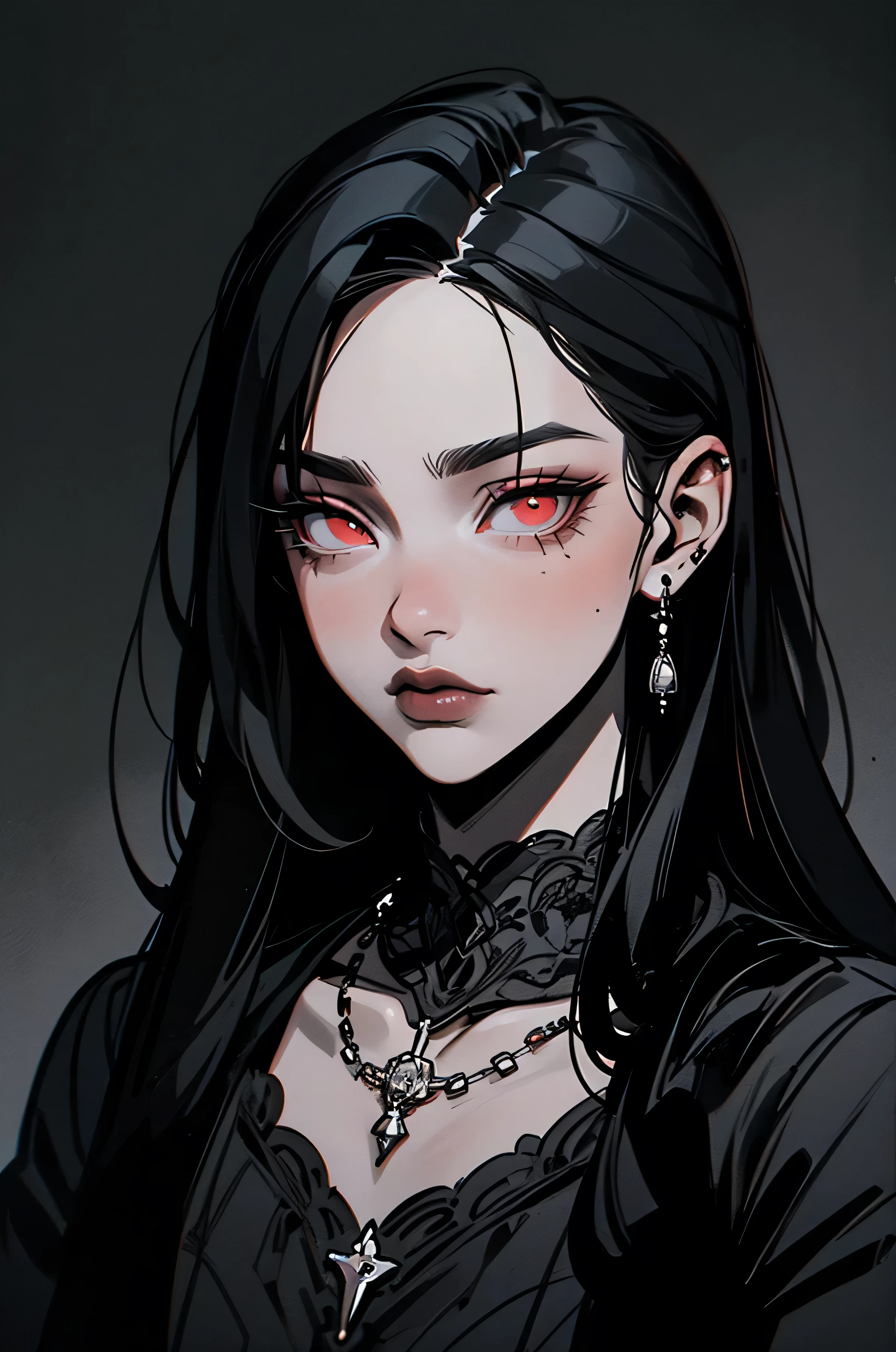 Goth girl 1girl, solo, long hair, looking at viewer, red eyes, jewelry, necklace, makeup, lipstick, black background, portrait, glowing eyes, by vergvoktre, dramatic, gritty, intense, distorted face, nightmare, intricate details, hyperdetailed, cinematic, dark shot, film grainy, soothing tones, muted colors, technicolor BREAK outdoors, twilight, raytracing BREAK d4rk4rt artstyle, monochrome, greyscale
