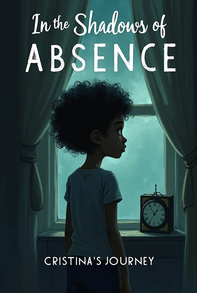Make an image of a tall, thin girl looking at the window with the curtain open and a very dim light in the scene. There may be a stopped clock or a broken mirror. The girl has short, curly hair and is black, a . As if it were drawn, it is for the cover of a book. Put the title and subtitle of the book. The name is In the Shadows of Absence. The subtitle is Cristina's Journey.