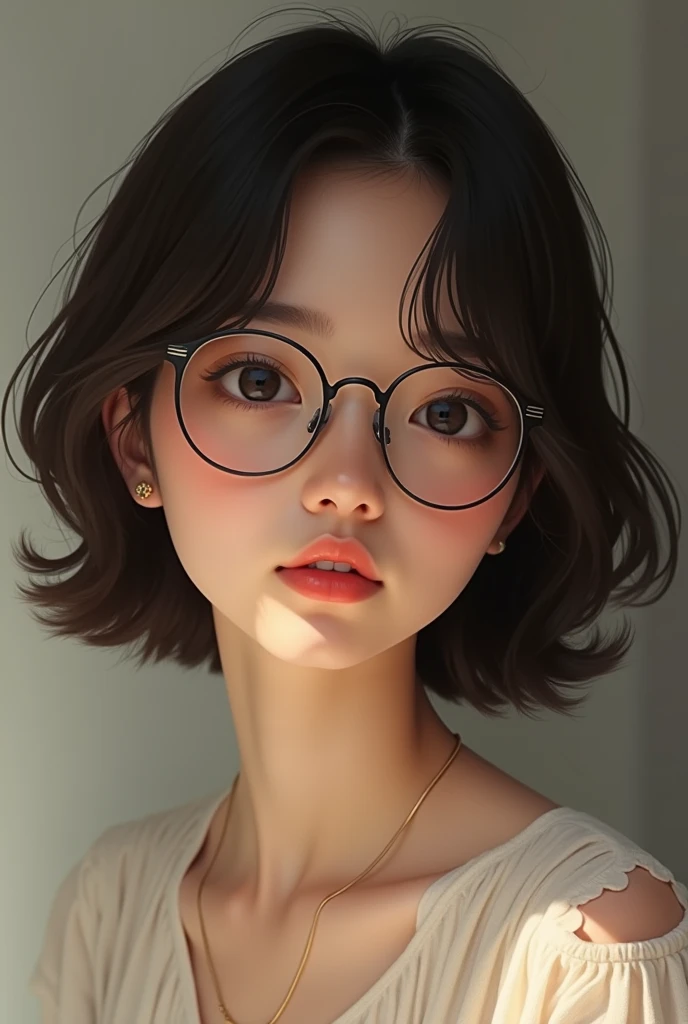 Brunette girl, with short dark hair and glasses 