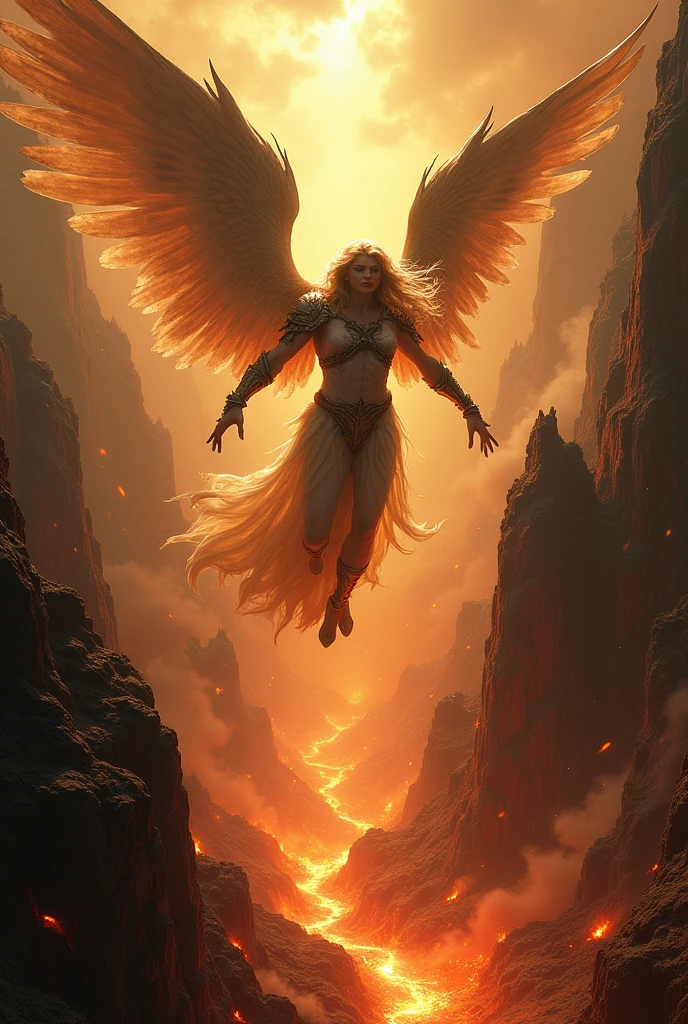 Fallen angel being rescued from hell by archangel Michael