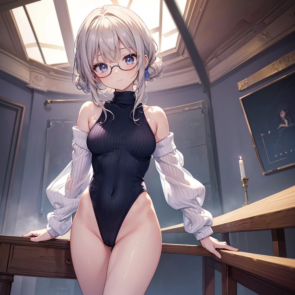 expensivequality illustration, masterpiece, Very delicate and beautiful, attractive,(colorfulなレオタード, Heattech leotard,Tight leotard,length_Leotard with sleeves,Ribbed leotard,expensive_Leg leotard,turtleneck leotard), thin,Slender body,slim,Gymnastics Club,Gymnast,barefoot,Gymnasium background,Beautiful Eyes, A light smile,(masterpiece, Highest quality:1.2), expensiveres, Very detailed CG ユニティ 8k 壁紙, Perfect lighting, colorful, ultra-expensive res,4K,Very detailed, photograph, 8k, High resolution, ,Glasses,Cowboy Shot,