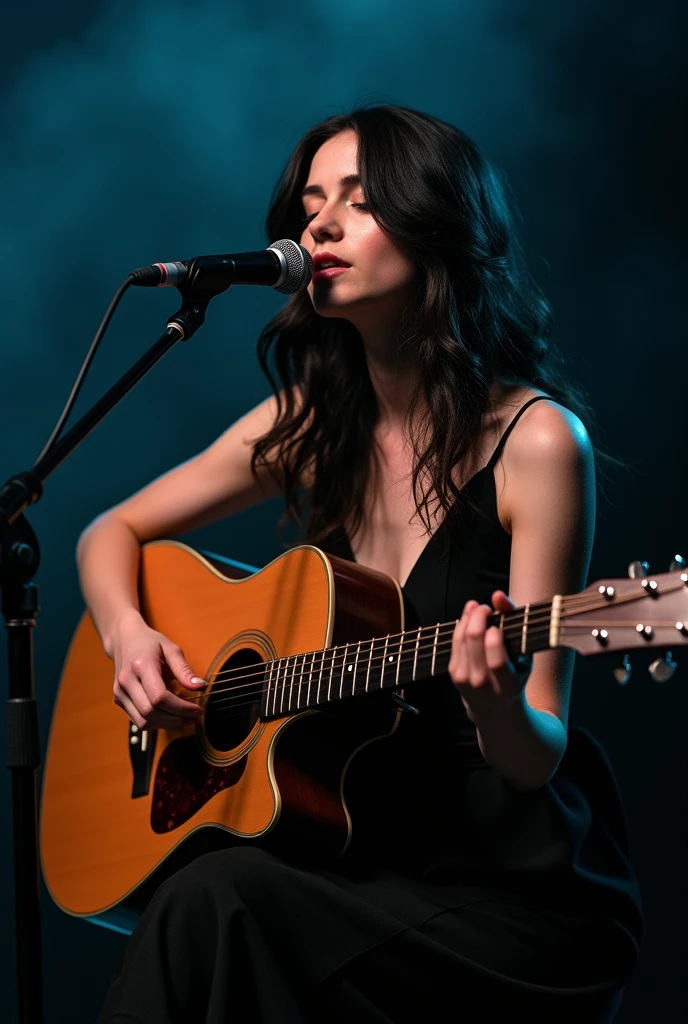 woman in black dress playing guitar and singing into microphone, portrait sophie mudd, the girl plays the guitar, playing guitar onstage, singer songwriter, performing on stage, singer - songwriter, shutterstock, cynthwave, sitting in front of a microphone, acoustic information, eva, women playing guitar, musician, shot with canon eoa 6 d mark ii, playing a guitar