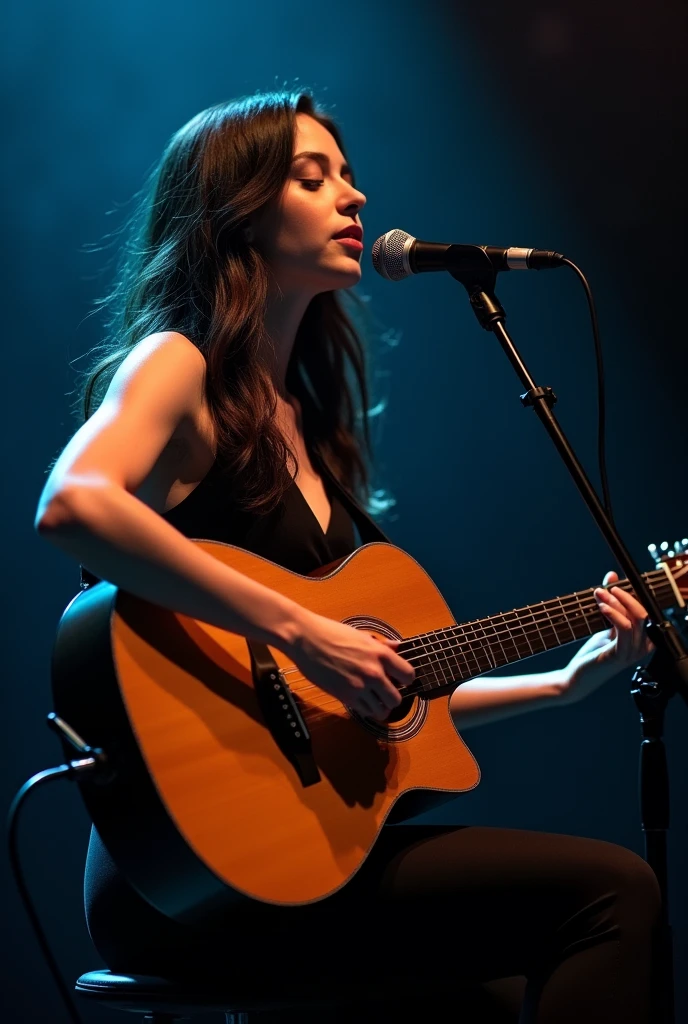 woman in black dress playing guitar and singing into microphone, portrait sophie mudd, the girl plays the guitar, playing guitar onstage, singer songwriter, performing on stage, singer - songwriter, shutterstock, cynthwave, sitting in front of a microphone, acoustic information, eva, women playing guitar, musician, shot with canon eoa 6 d mark ii, playing a guitar