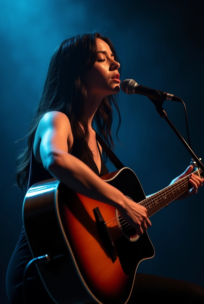 woman in black dress playing guitar and singing into microphone, portrait sophie mudd, the girl plays the guitar, playing guitar onstage, singer songwriter, performing on stage, singer - songwriter, shutterstock, cynthwave, sitting in front of a microphone, acoustic information, eva, women playing guitar, musician, shot with canon eoa 6 d mark ii, playing a guitar