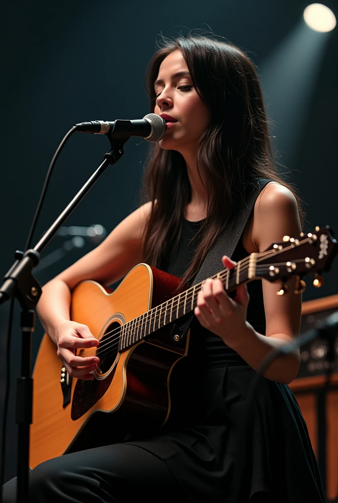 woman in black dress playing guitar and singing into microphone, a portrait by Leo Michelson, shutterstock, realism, portrait sophie mudd, the girl plays the guitar, playing guitar onstage, singer songwriter, performing on stage, singer - songwriter, cynthwave, sitting in front of a microphone, acoustic information, eva, women playing guitar, musician