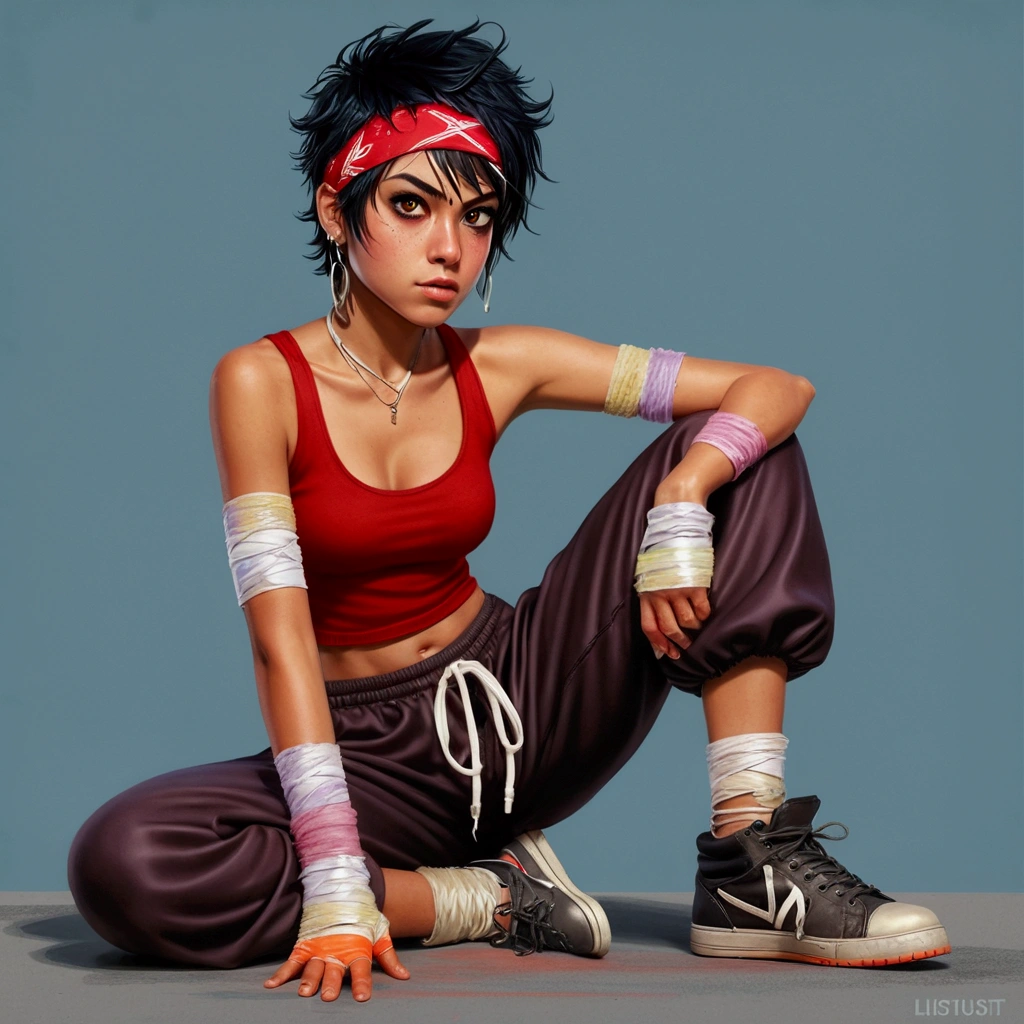Tanned skin, very short black hair in messy layers, wears a red bandana, has dominant black eyes, thick eyebrows, athletic body (she goes to the gym), always hurt knuckles, wears a red top, baggy pants and bandages on her arms, and cone-type shoes