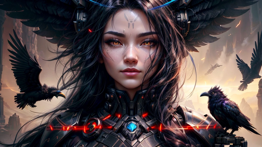 fantasy raven style hairs, steel mechanical raven head with hairs, sci-fi, a close up of a sexy woman - sci-FI with a sci fiorer on her face, Mechanical raven IN HAIRS, glowing light feathers in hairs, fiol glowing eyes, hd , cinematic, cinematic light, dinamic, rossdraws portrait, fantasy concept art portrait, wojtek fus, rossdraws 2. 0, rossdraws 1. 0, rossdraws digital painting, epic fantasy digital art style, cgsociety portrait, rossdraws global illumination, :: rossdraws, alexandra fomina artstation