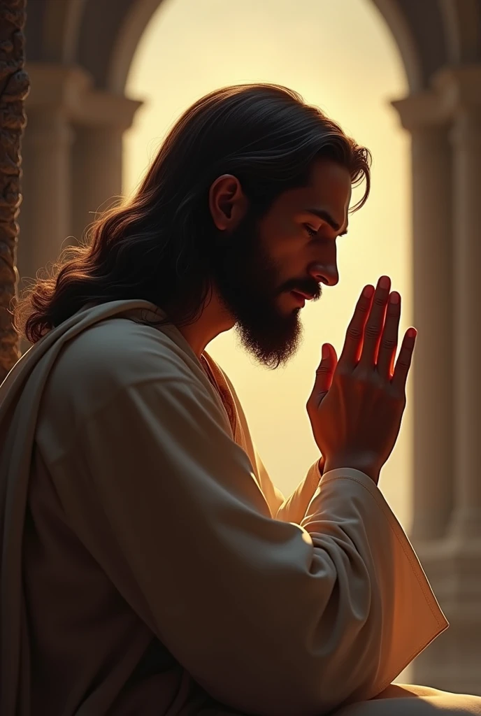Jesus in profile in prayer with his hands together praying