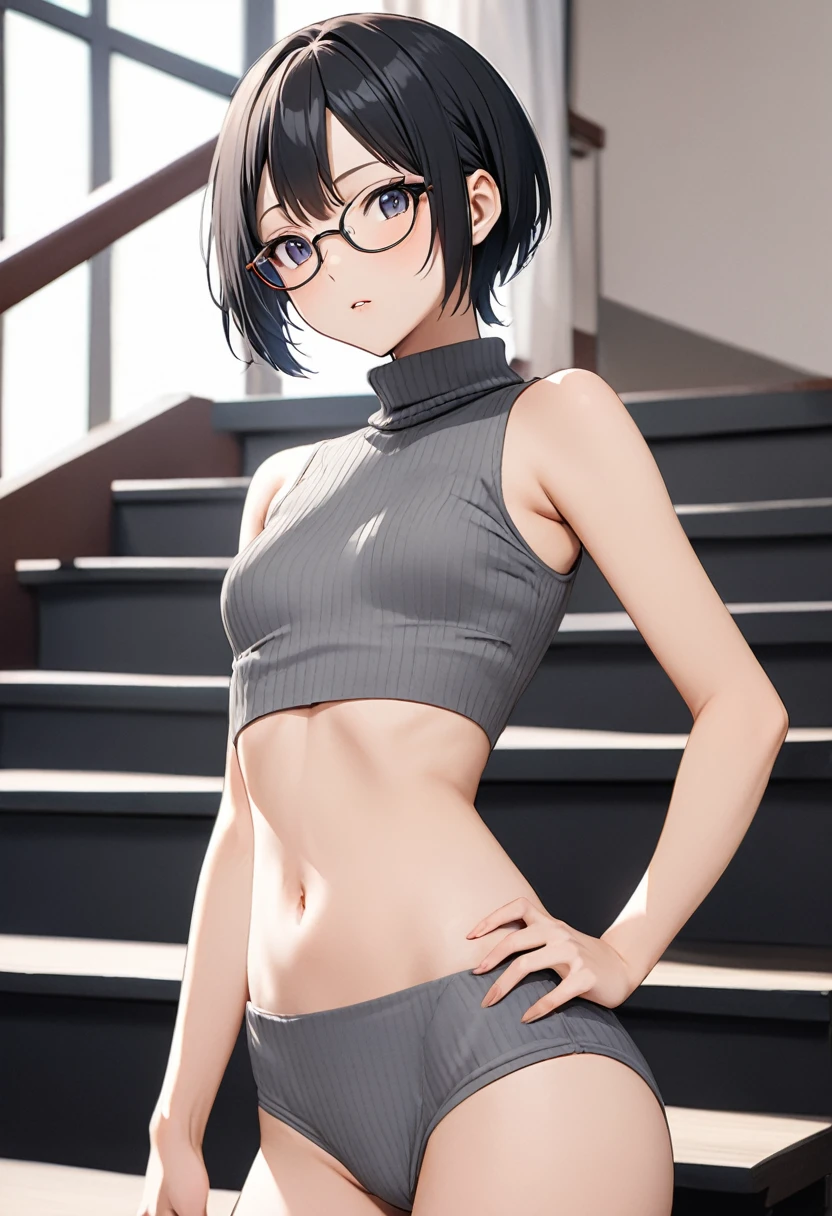 Visible bone spurs on the hip bone,The sides of the upper body are completely exposed,側面が完全に空いているデザインのSleeveless turtleneck,Exposed from the flank to the chest,Protruding ribs,Exposed waistline,Super low rise,Not wearing an inner layer、胸元が開いたデザインのSleeveless turtleneck,Exposed chest、Exposed flanks,sexy,Flat Chest,Focus on your audience,Very thin body,Anime Style,Slim figure,delicate,Glasses,Asian woman wearing a grey top posing on the stairs, Sleeveless turtleneck_Baggy, 脇が完全に開いているSleeveless turtleneck_Relaxed back design,rib cage,Side bust,Shoulders are wide open,sexyなWearing a crop top, Photos of slim models, Chiho, T-Top, shikamimi, Wearing a crop top, Real anime, Kurohime cut hair, Chassis, 2 4-year-old female model