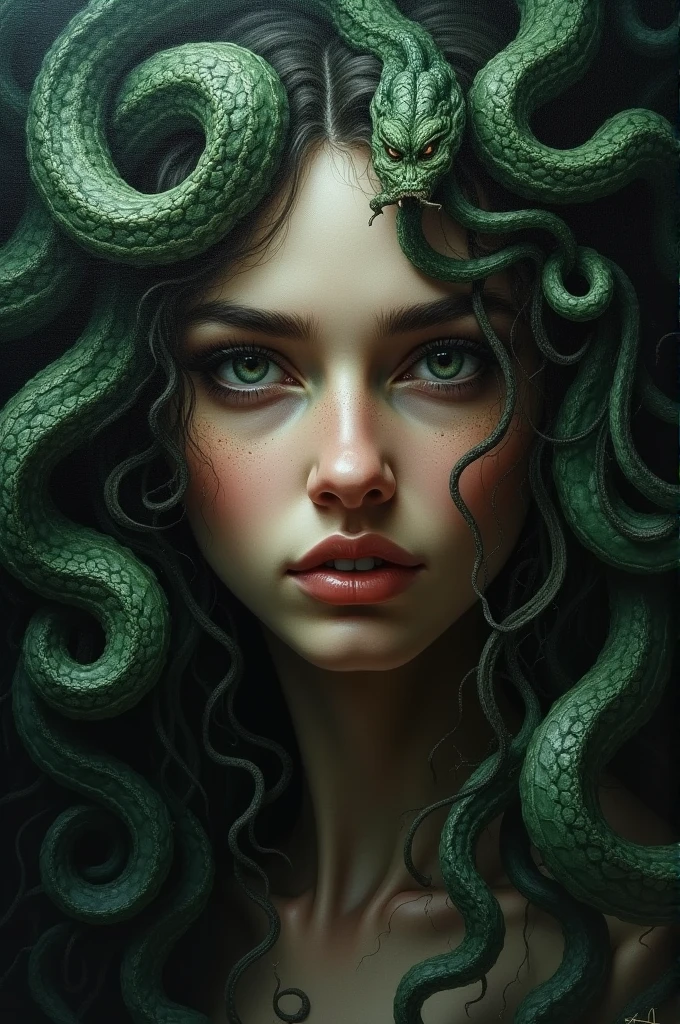 I want you to make a painting of the face of the goddess Medusa