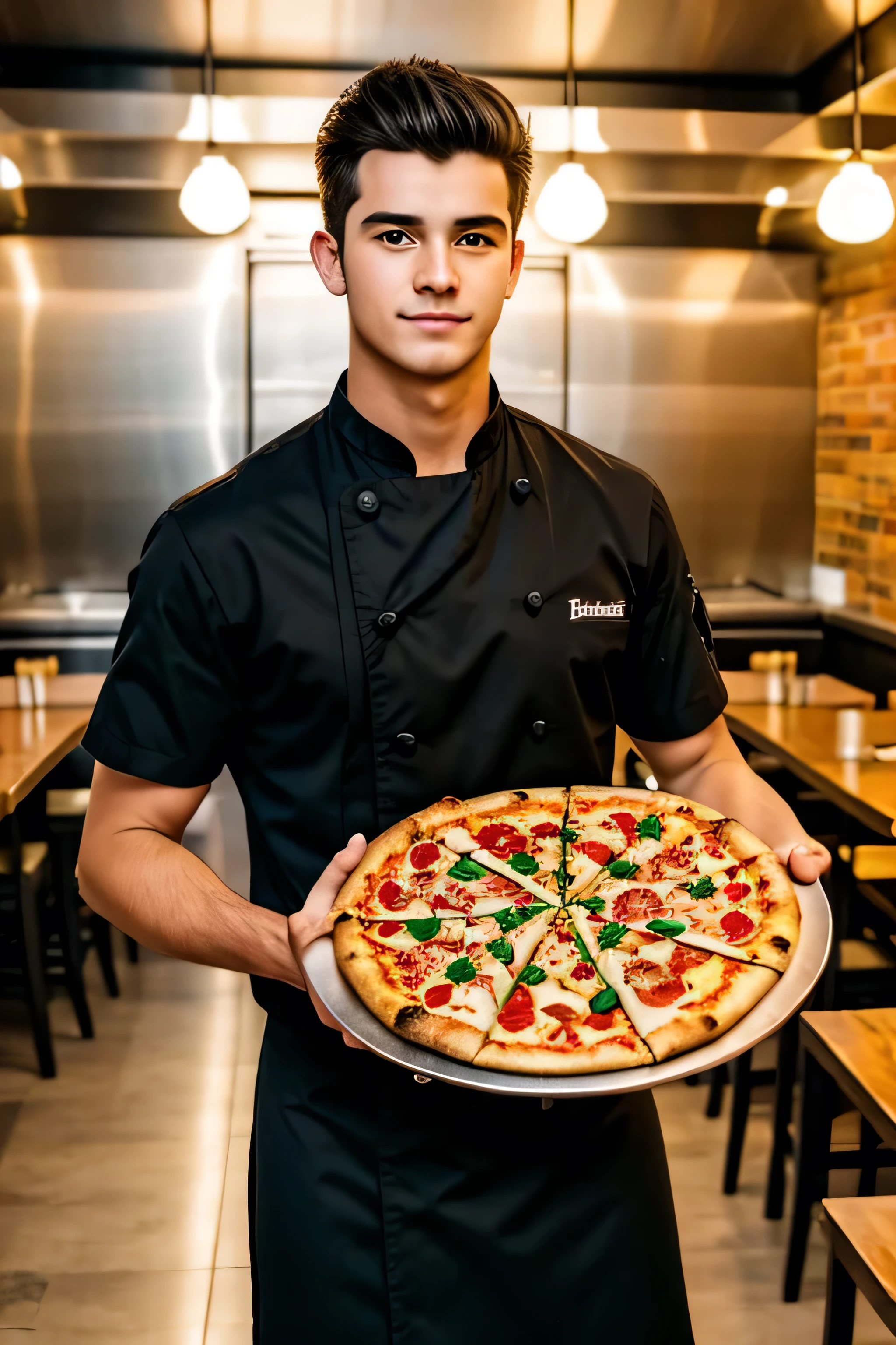 18 year old chef One hand carry plate with pizza handsome boy chef background with restaurant look like handsome