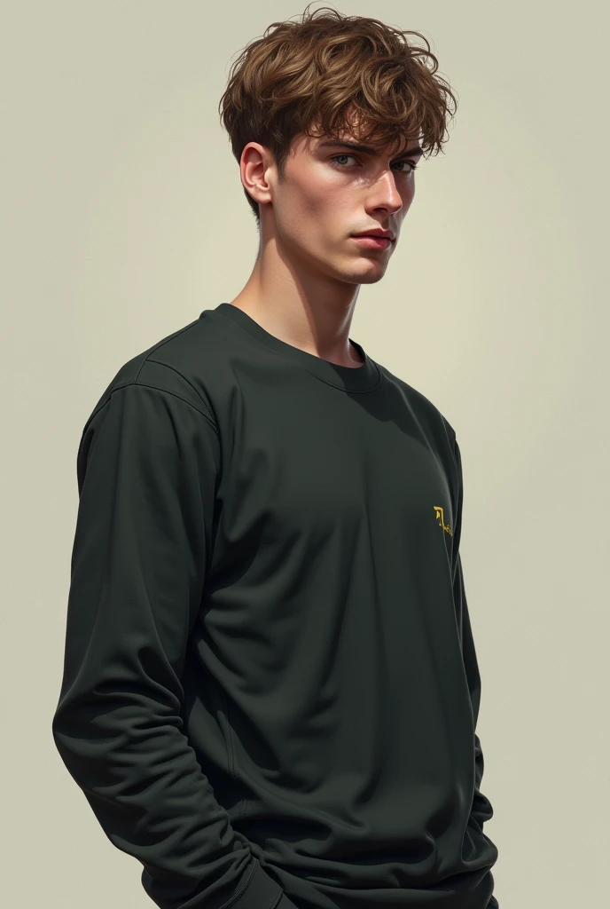 Can you draw me a fanart of a light brown haired 20 year old man standing and looking serious