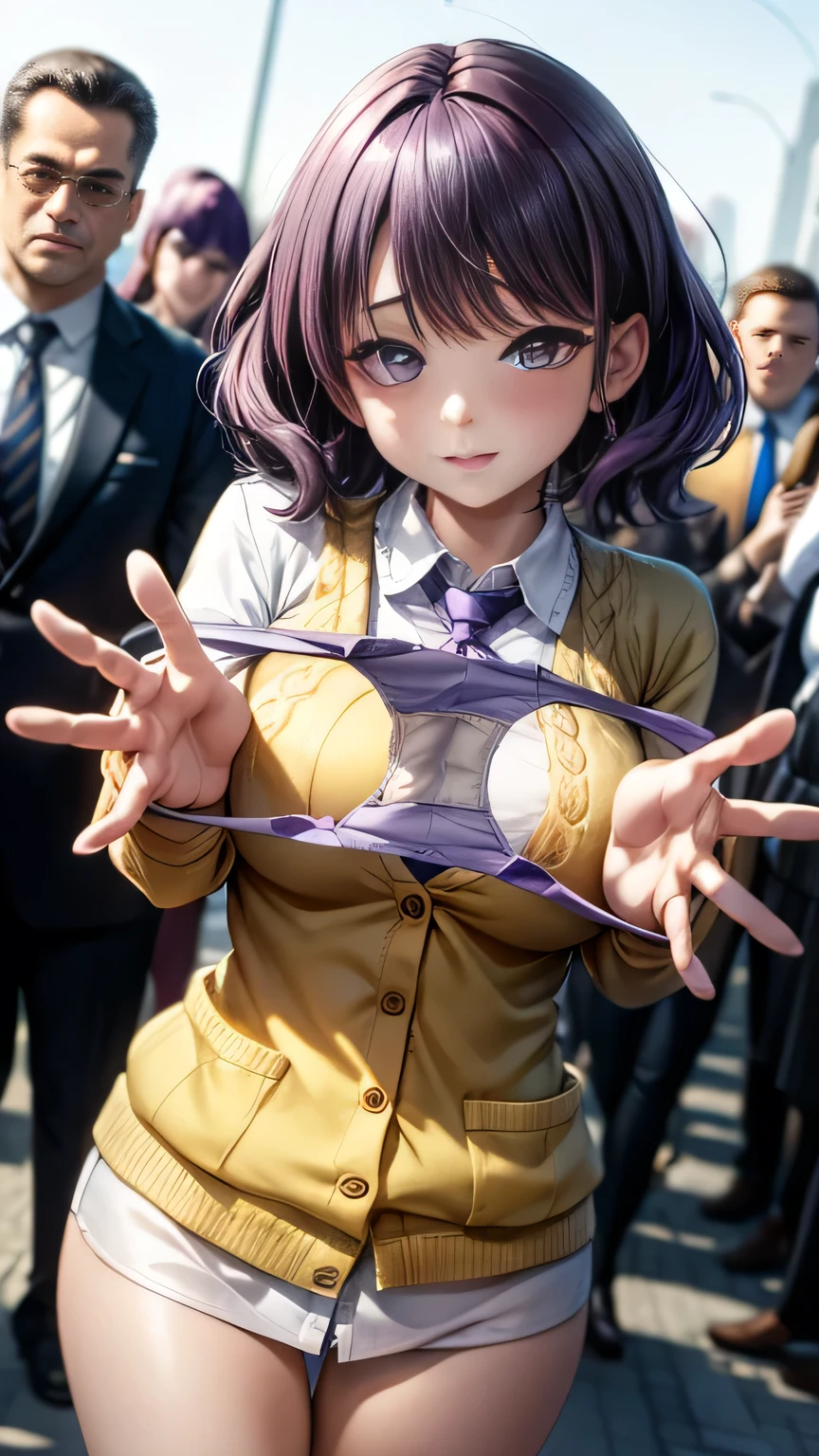 (Very detailed CG Unity 8K wallpaper),(masterpiece), (Highest quality), (Very detailed), (Best illustrations),(Best Shadow)、Large Breasts、crowd、Surrounded by a lot of men、Embarrassed and blushing。Purple eyes and very short purple hair、White blouse、Blue tie、Checked he is spreading her underwear open with both hands to show it off(Sheer sexy underwear)、Beige cardigan、Dynamic Angle