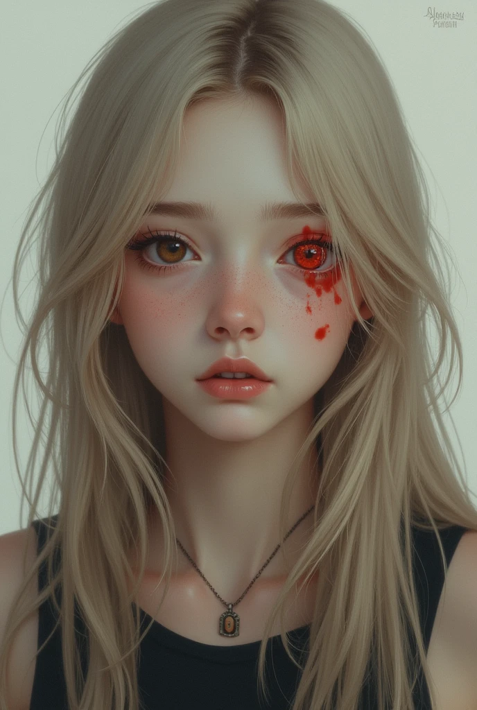 An 18 year old with long light hair, brown eyes and a little big, a sign in the right eye,
