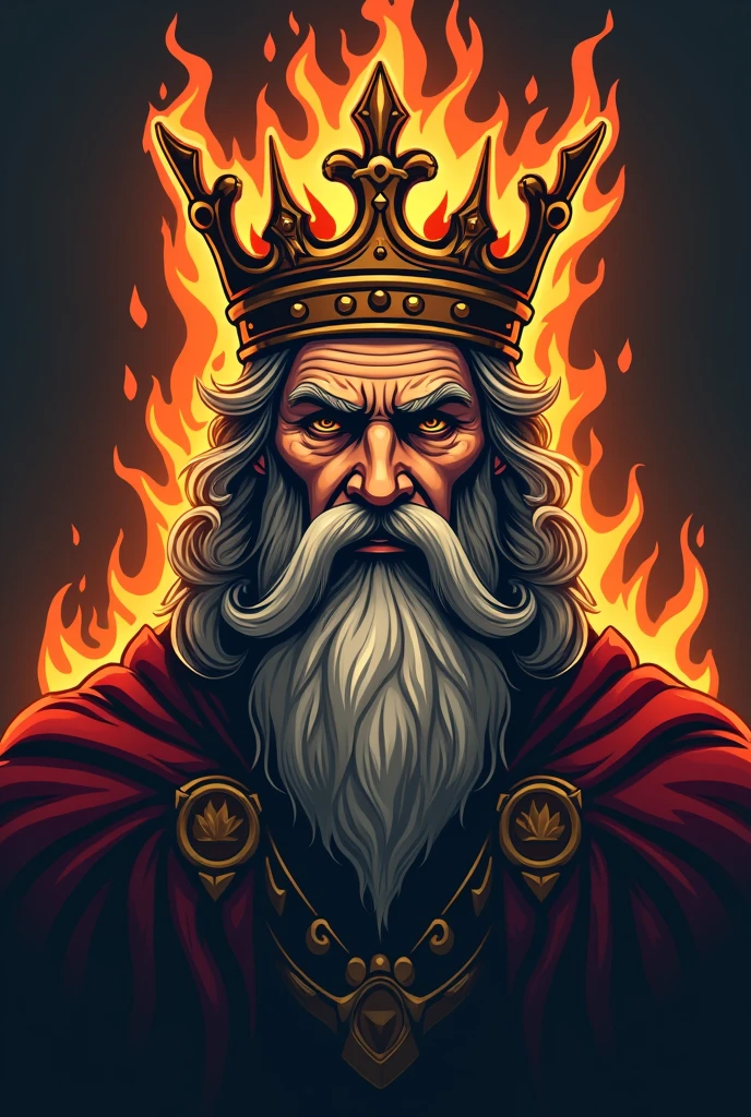 Draw a single color logo of a 45 year old king with a pointed beard and a mustache with curled ends, has a large crown of fire.