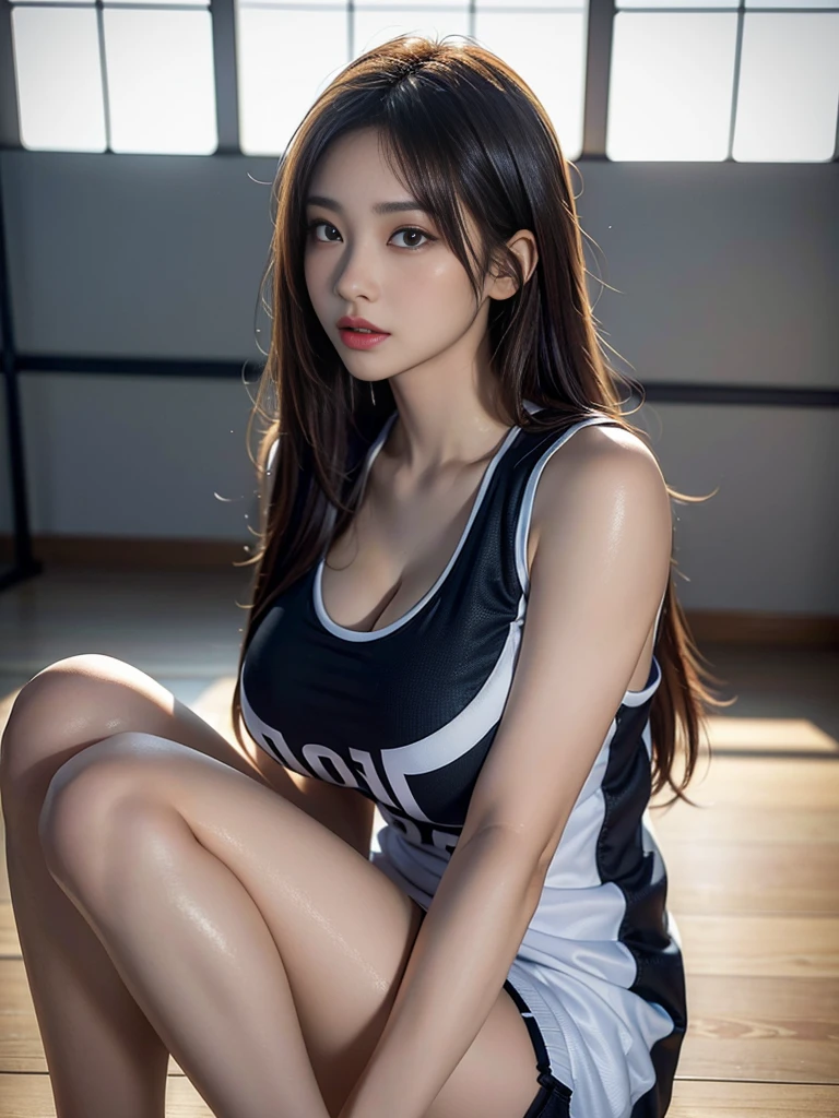 (UHigh resolution, retina, masterpiece, Accurate, Anatomically correct, Textured skin, Super Detail, Attention to detail, high quality, 最high quality, High resolution, 1080P, High resolution, 4K, 8k, 16K), (美しいAttention to detail目, Beautiful lip detail, Highly detailed eyes and face), Soft lighting, Physically Based Rendering, Vibrant colors, (((Large Breasts:1.3))), Cosplay(A confident and athletic female basketball player in a sleeveless jersey and shorts), (Glowing Skin), (Wide angle), Eye Reflexes, (Staring at the audience),(Thighs,whole body,艶やかなThighs)(Detailed chest,Detailed nipples,Detailed genitals,My clothes are turning up,MCharacter splits,Bend your knees)Basketball court_sit,Ultra HD,Ultra HDな顔