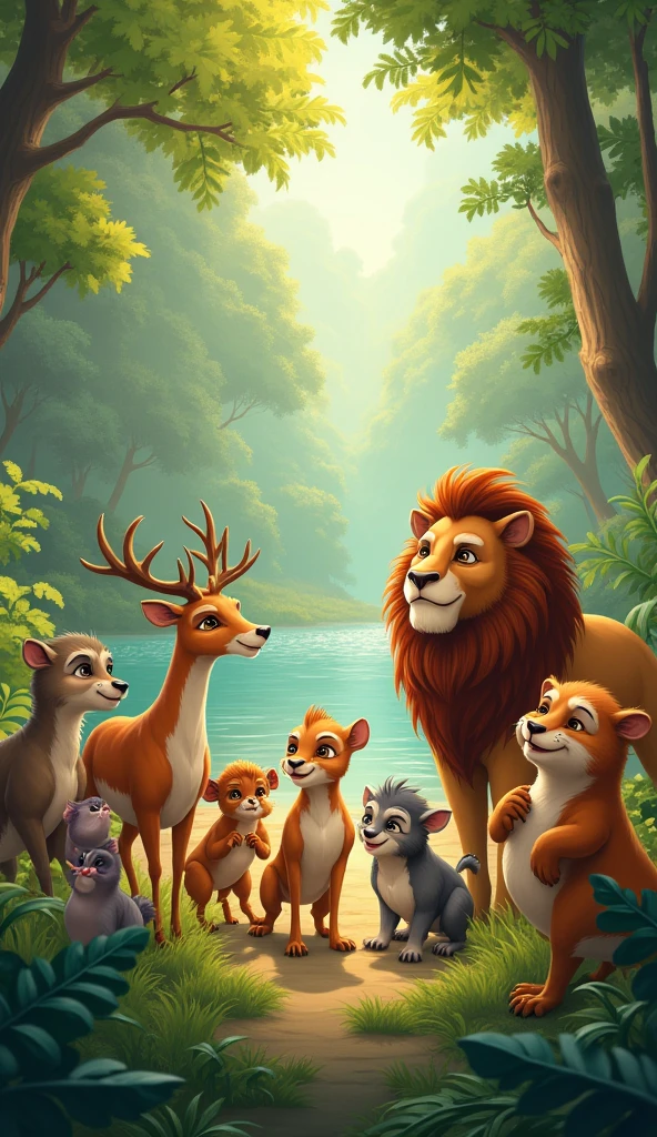 "A group of animals interacting happily while a lonely lion watches from afar."