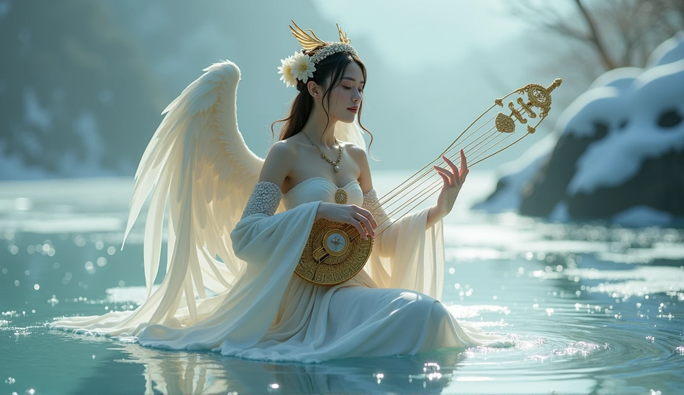 A goddess named Kinnara, half woman and half bird, floating out of the waters of an almost frozen river playing his golden celestial stringed instrument. Emphasizing its bird characteristics, with discreet wings and a crown of swan wings. She has her legs showing through her dress. The scene is almost frozen, and she is in the foreground. In a very dramatic oriental aesthetic.
