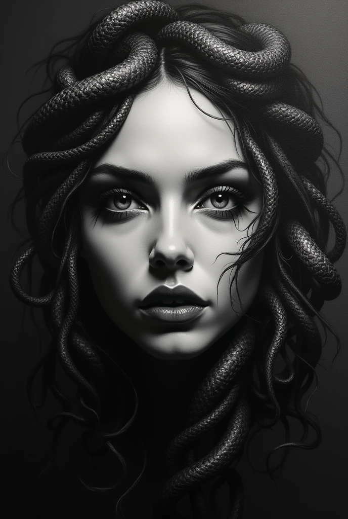 I want you to make a black and white painting using oil on the face of the goddess Medusa