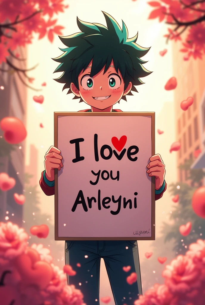Generate an image that says I love you arleyni, with Boku no hero holding the poster in hand