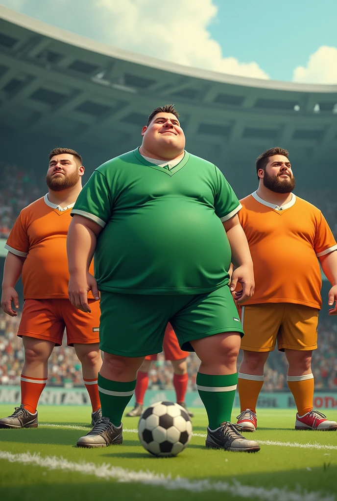 A team of 5 overweight and obese soccer players whose uniform is too small for them, that are disheveled, and use the uniform colors green and orange