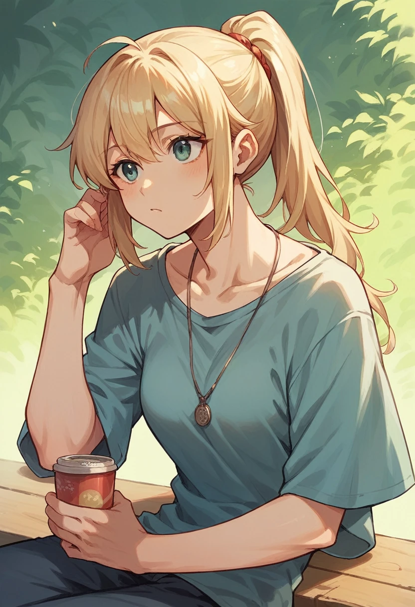 Anime girl, blond hair, ponytail hair, casual clothes