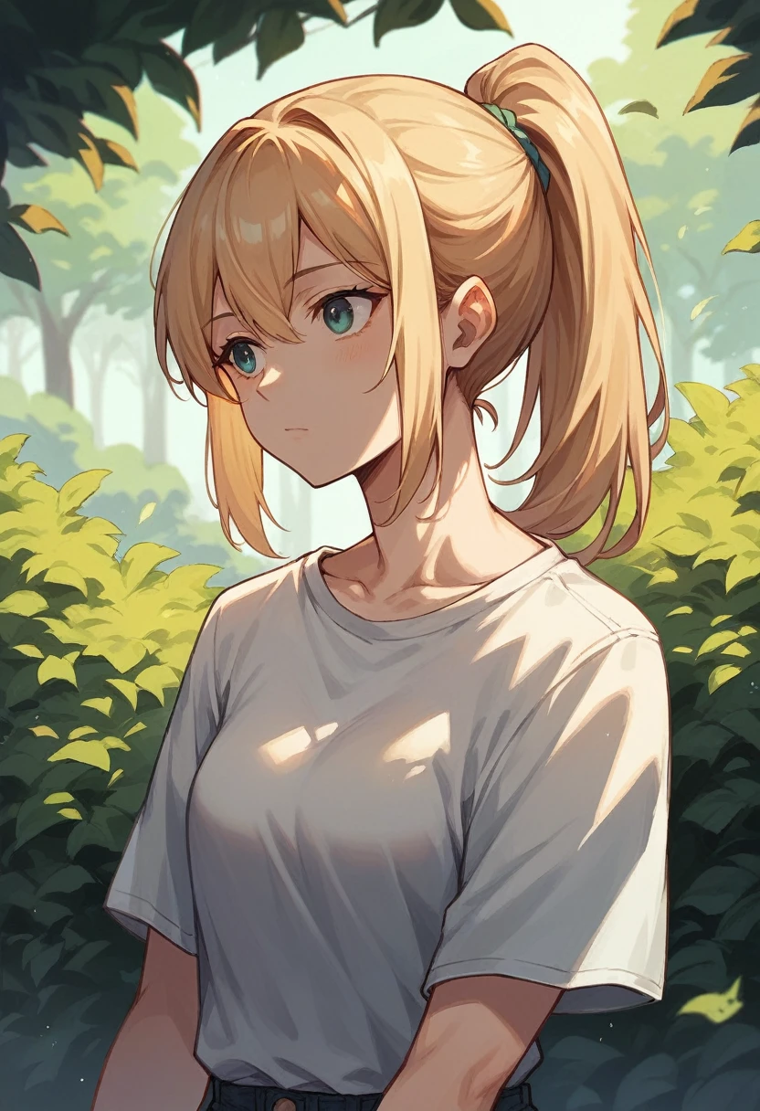 Anime girl, blond hair, ponytail hair, casual clothes