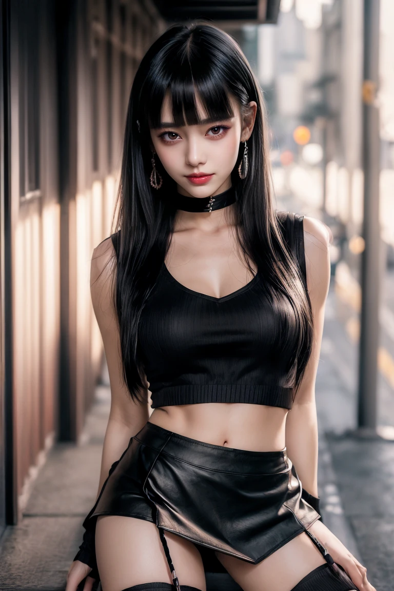 (Black Garter High Socks:1.5),(spread legs:1.5),Ultra-high resolution、(((Blunt bangs, Princess Bang))), (((Very heavy,Voluminous bangs:1.1))),(((very length, Very heavy,Very voluminous side locks:1.1))),, Princess Cut, Straight bangs hairstyle, Round face with Blunt bangs, length, Glossless hair、Bangs cut straight,(masterpiece, Highest quality:1.5), (Ultra-fine 8K CG:1.4), (hyperRealistic:1.25), (PhotoRealistic:1.25), (Realistic:1.4), Cowboy Shot, (One from the front.4), (smile1.3), Beautiful Japan, , Supermodel, Japanese Idols, (smile), Big Breasts, Sweat、(Sleeveless black shirt:1.5)、(Black pencil mini skirt:1.7)、(Standing in the city:1.5)、Accentuate your cleavage:1.5、Black Hair:1.2、Full body image、((Real person:1.5))、(From below:1.5)