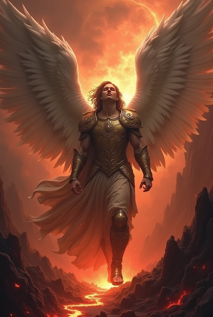 Fallen angel being rescued and taken out of hell by archangel Michael