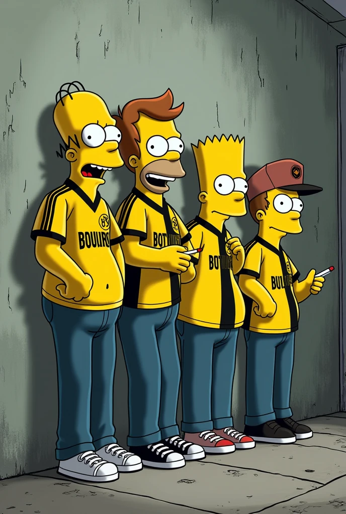 Make an image of several Simpsons characters and make it look like Nelson and his gang leaning against the wall smoking an electronic cigarette with the Borussia Dortmund shirt on and making them look like thugs.
