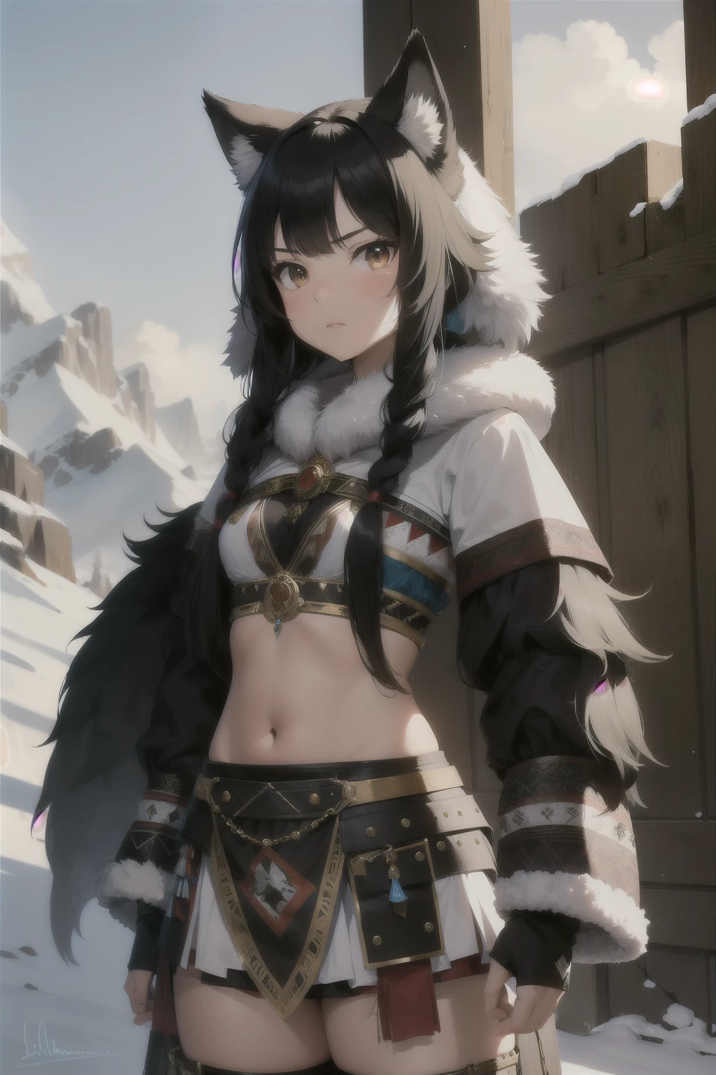 ultra detailed, masterpiece, girl, black hair , wolf skin clothes, eskimo style, tribal warrior, native, angry. Standing front.
