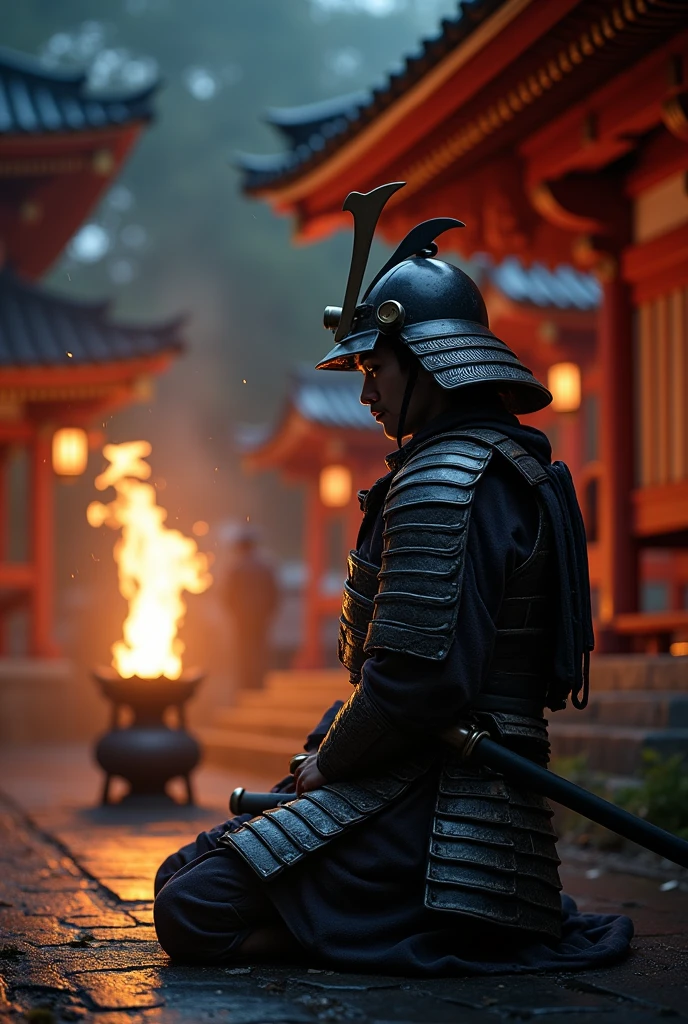 Japanese samurai praying at a shrine to protect the mainland from the Mongol and Korean invasions、Wearing Japanese armor and helmet、Within the shrine grounds、Torches are lit、night ((Anatomically correct,Surrealism, uhd, retina, accurate, anatomically correct, textured skin, super detail, high details, best quality, 8k))