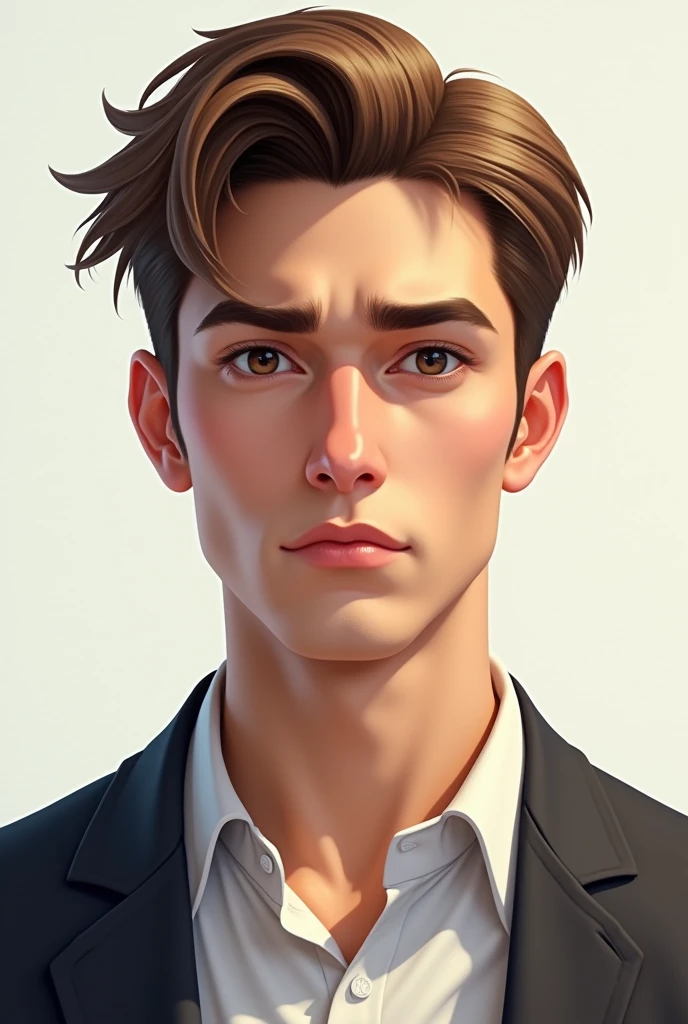 Can you draw me a digitally drawn picture of a light brown haired 20 year old man standing and looking serious 