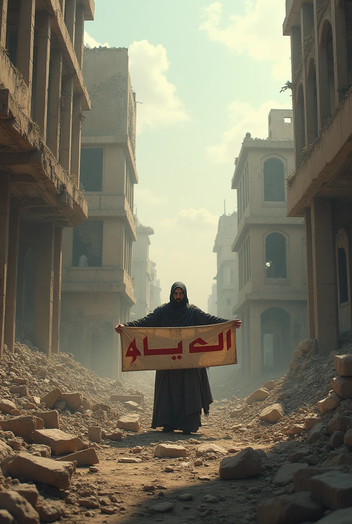 Destroyed iraq after the ww3 with a banner written in arabic on the bilding