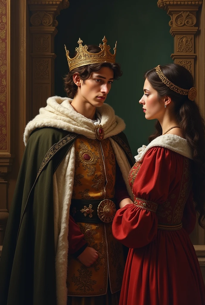Now create an image of a young prince telling the woman "No ma'am; not now, I am in a bad mood to talk about myself" with medieval style