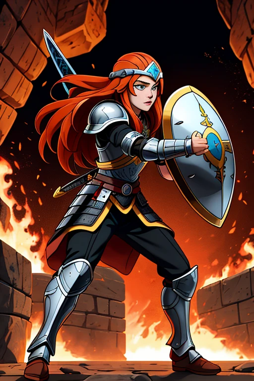 > work of art, high qualiy,, freckles, long hair, russet hair, grey-eyed, armors, Hoplita, helmet, shield, female, battle pose, attacking with the sword