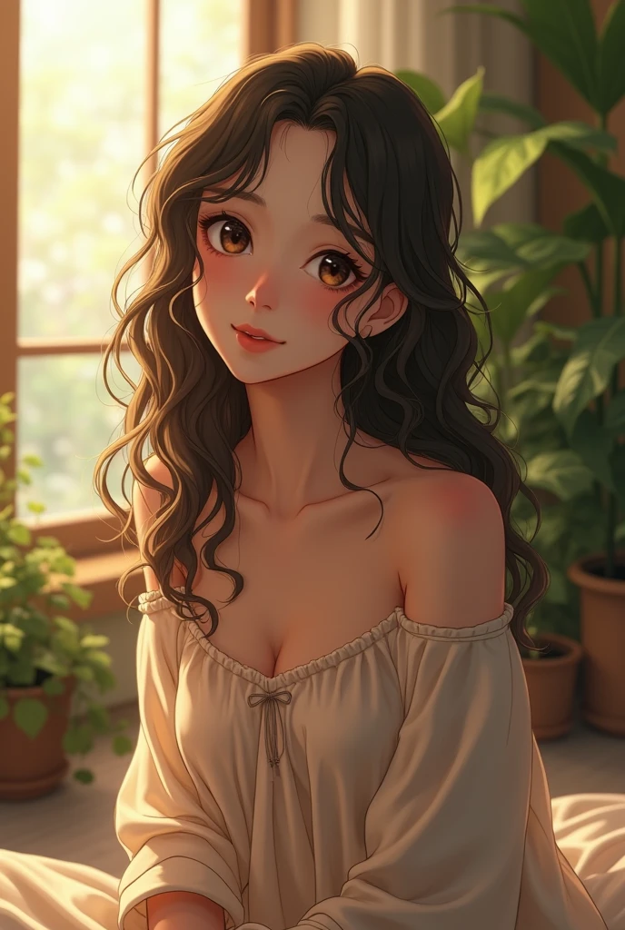 (photorealism:1.2), beautiful anime woman, wearing loose off-shoulder top, long curly hair, indoors, soft lighting, plants in background, window with sunlight, cozy room, relaxed pose, realistic, intricate details, warm colo