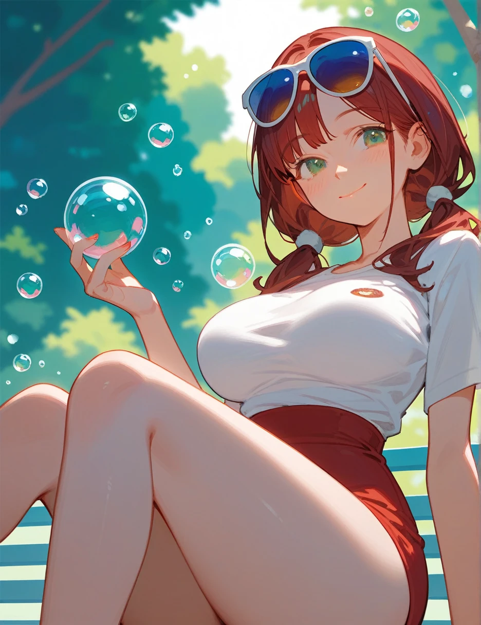 (from below:0.4), score_9_up,score_8_up, 1girl, solo, green eyes, burgundy hair, twin low tails, long hair, ((blush)), closed mouth, smile, big breast, pose, ((sitting)), (thin girl:1.2), (bubbles), ((entertainment park)), sunglasses, (nipples:0.6)
