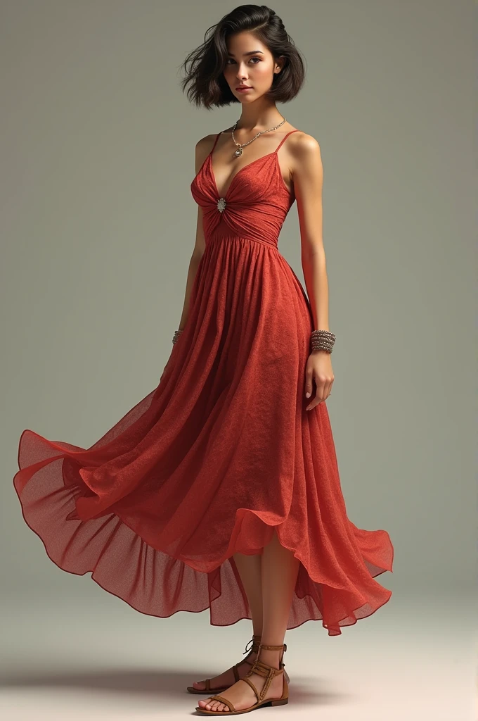 A spanish woman with athletic body, a round face and a bob cut hair,wearing a full body covered frock.