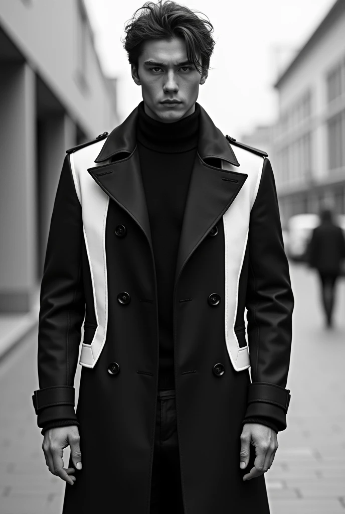 A guy with a coat black and white