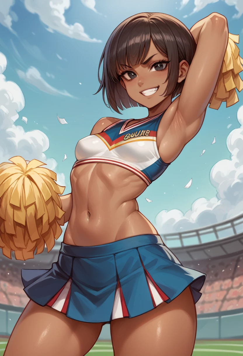 1 hot girl, very dark skin, black eyes, grin, gorgeous, african, short bob, school girl, young teen, small breasts, navel, exposing clothes, cheerleader, hand behind head, armpits, tight body