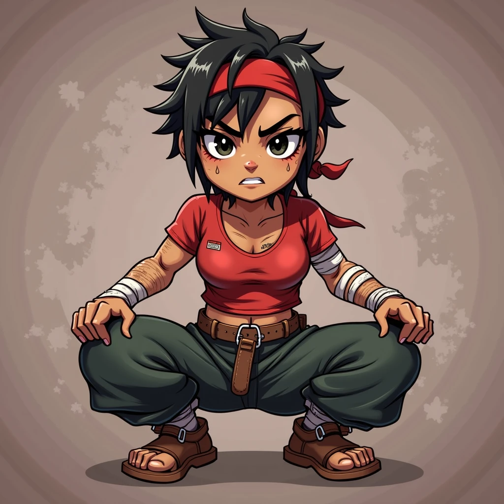 Tanned skin, very short black hair in messy layers, wears a red bandana, has dominant black eyes, thick eyebrows, athletic body (she goes to the gym), always hurt knuckles, wears a red top, baggy pants and bandages on her arms, and cone-type shoes