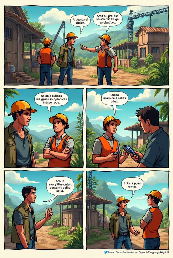 Make a comic strip about the production sectors with context and that the characters speak in Spanish in 6 frames that SPEAK SPANISH!!!! 