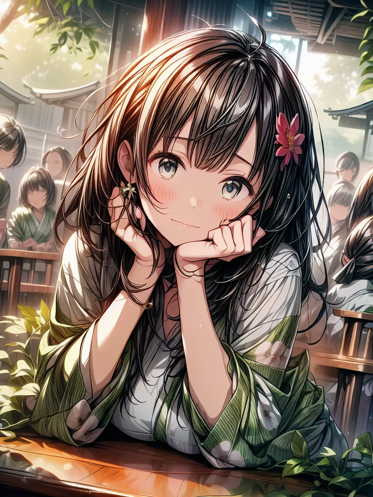 A girl dressed in an elegant kimono, kneels gracefully beneath a massive tree in a tranquil forest. In her hand, she holds a sparkling gemstone ring, and her eyes are filled with determination and love. The boy, surprised and moved, stands under the looming branches, his eyes wide and full of emotion. The leaves above gently flutter, while vines and flowers snake around the base of the tree, creating a surreal, anime-inspired backdrop that enhances the romantic scene.