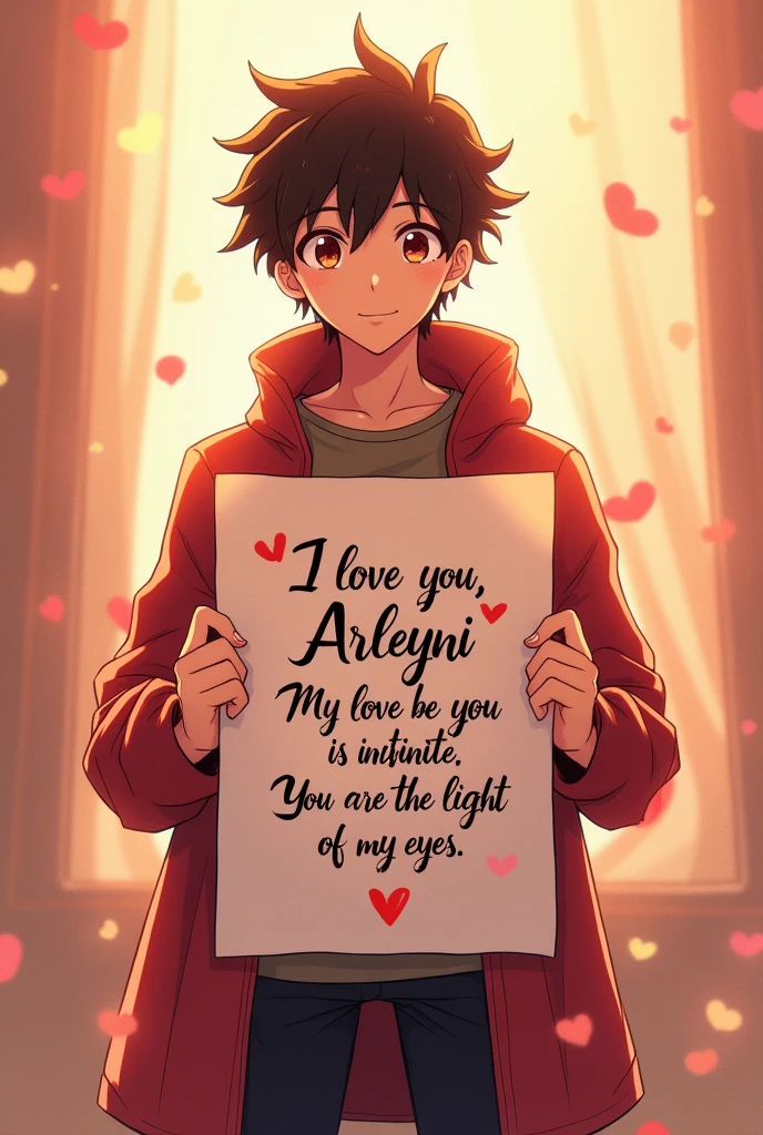 Generate an image that says I love you Arleyni my love for you is infinite you are the light of my eyes, with Boku no hero holding the poster in hand