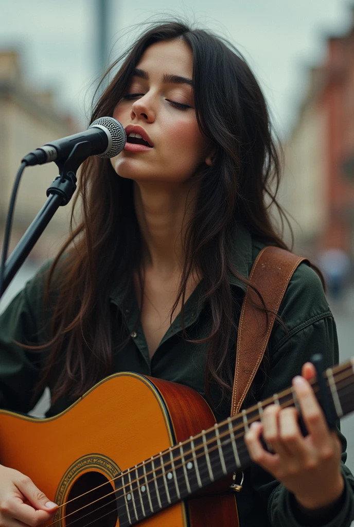 Busker,woman playing guitar and singing into microphone, a portrait by Leo Michelson, shutterstock, realism, portrait sophie mudd, the girl plays the guitar, playing guitar onstage, singer songwriter, performing on stage, singer - songwriter, cynthwave, sitting in front of a microphone, acoustic information, eva, women playing guitar, musician